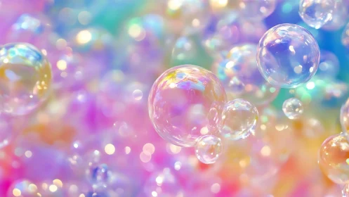 Digital painting of iridescent soap bubbles on pastel bokeh field.