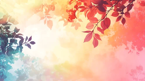 Gradient sky foliage study with multihue leaves and soft bokeh field