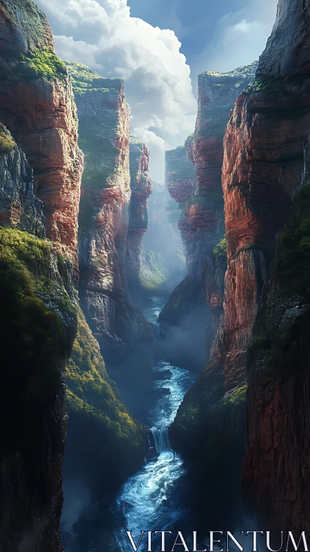 Sunlit canyon river winding through misty red cliffs.