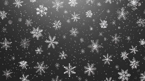Intricate white snowflakes drifting over charcoal sky.