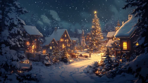 Snow covered village square with lit Christmas tree at night.