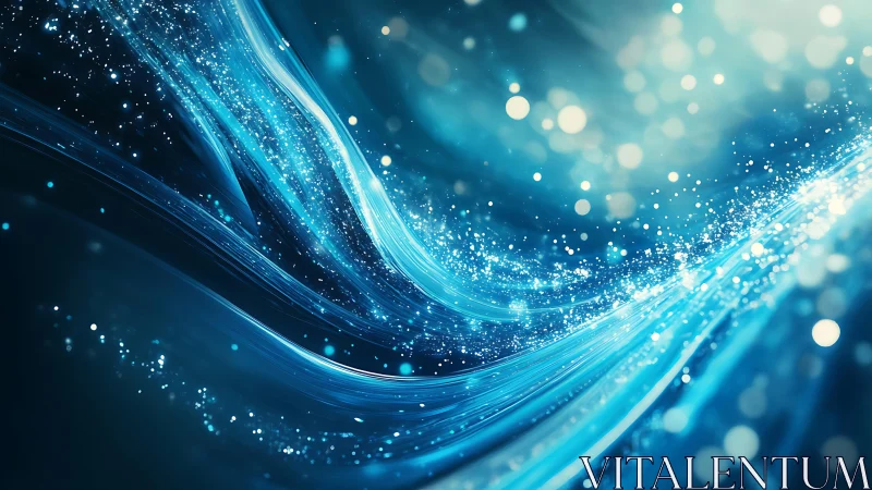 Flowing Blue Light Waves with Sparkling Particle Effects, Abstract Art.