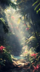 Sunlit jungle stream where wild blooms quietly shimmer.