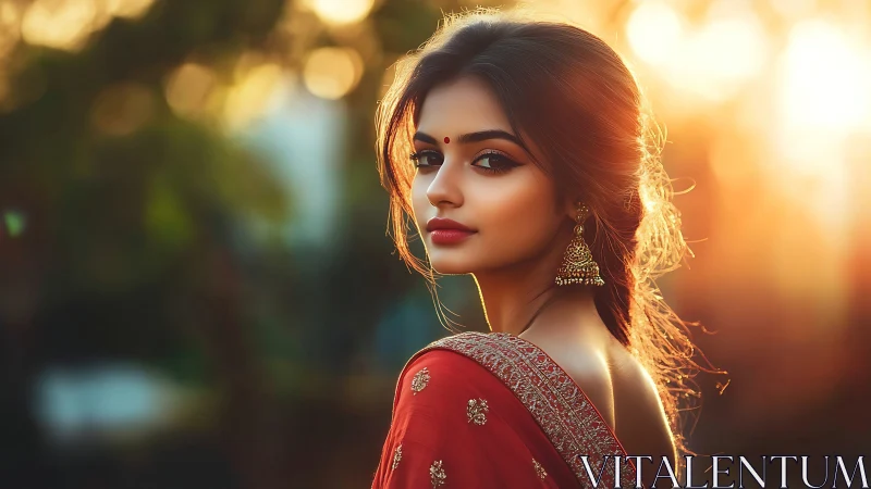 Elegant Indian Woman in Red Saree at Sunset, Portrait Style.