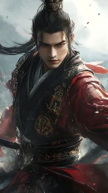 Brooding crimson warlord poised within storm-lit mist.