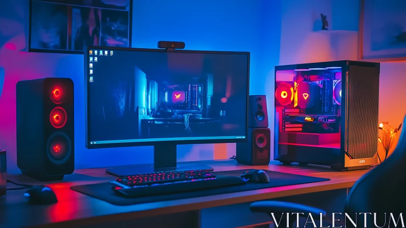 RGB-lit gaming PC setup shows ultrawide monitor and speakers