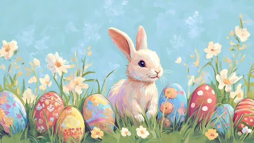 White bunny with painted Easter eggs in spring meadow.