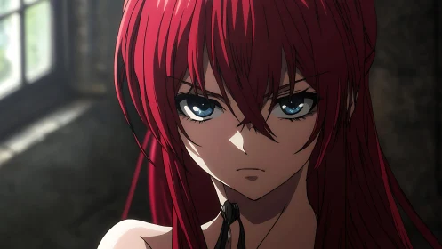 Stoic red haired anime warrior in moody interior light.