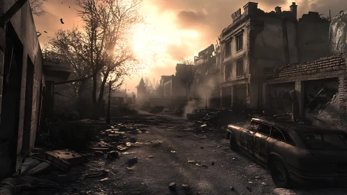 Urban street with war-damaged buildings at sunset.