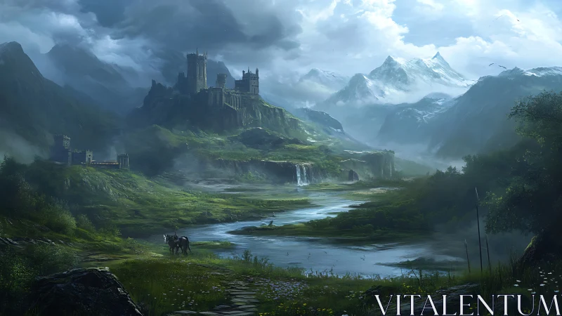 Medieval fortress complex overlooks valley river under clouds