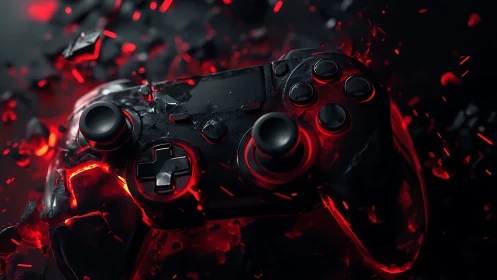 Molten black game controller amid red digital shards.