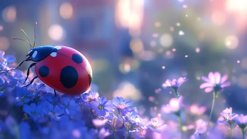 Macro ladybug study on violet blossoms in ethereal bokeh field
