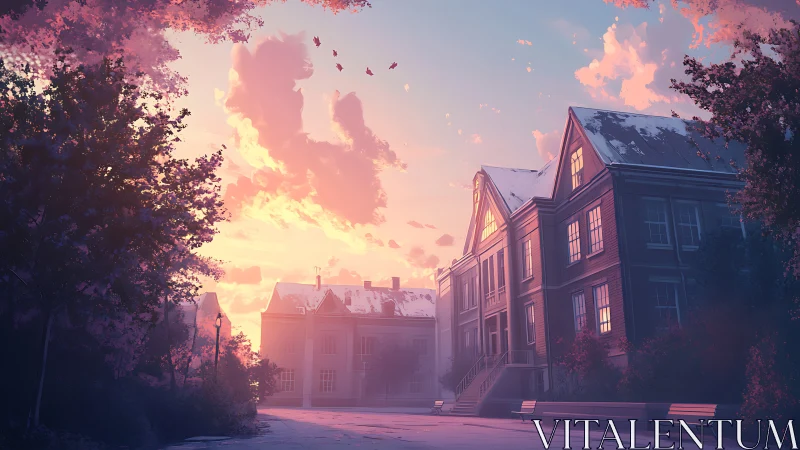 Gentle sunrise over quiet campus street in soft pastels.