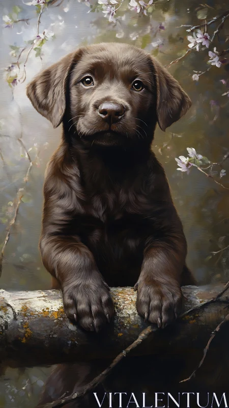 Brown puppy is depicted on a branch in detailed portrait