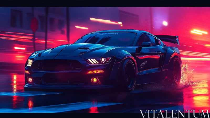 Black sports coupe on wet city street under neon lights.