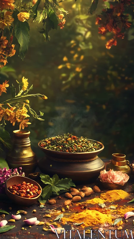 Fragrant garden spices simmer gently in warm golden light