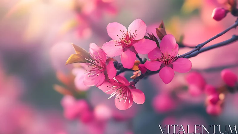 Spring blossoms drifting through soft pink morning light.