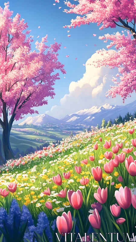 Spring hillside wildflower meadow with distant snow mountains.