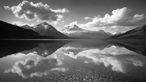 Monochrome alpine lake mirror with clouds and peaks.