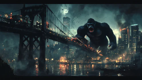 Giant gorilla figure confronts suspension bridge in burning city