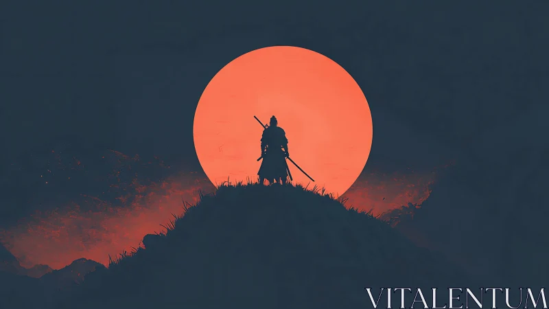 Samurai silhouette stands before large red sun disk