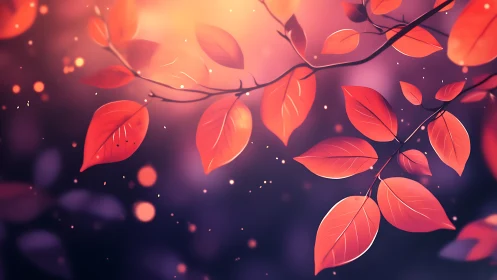 Soft focus red leaves against purple bokeh background.