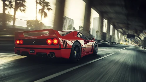 Red supercar speeding under city overpass at sunrise.
