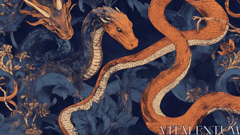 Coiled dragons drift through deep blue floral fantasy night
