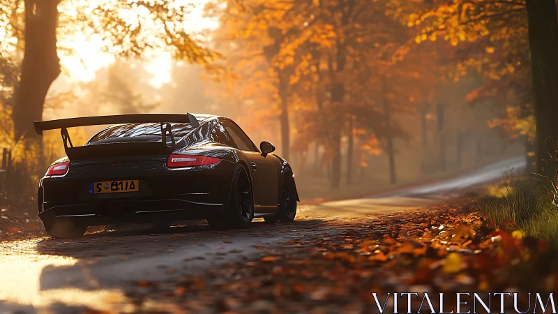 Midnight racer gliding through golden forest hush.