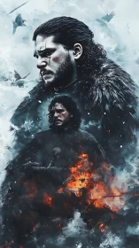 Brooding warrior portrait over ice and fire battlefield.