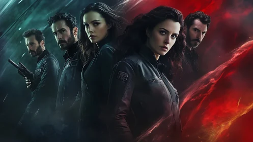 Shadowy tactical team stands amid swirling teal and red light.