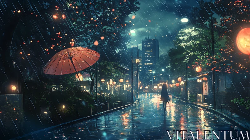 Rain-soaked lantern street with solitary figure at night.