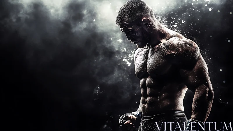 Brooding fighter in dramatic high-contrast digital lighting.