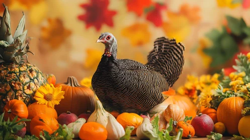 Dark turkey displays with autumn harvest produce and fall flowers.