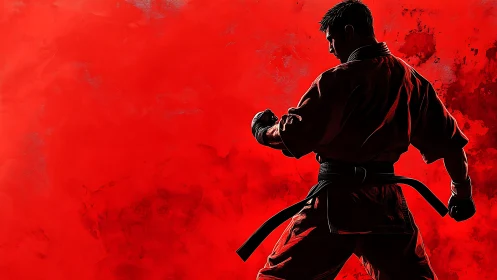 Martial artist silhouette dominated by red textured backdrop