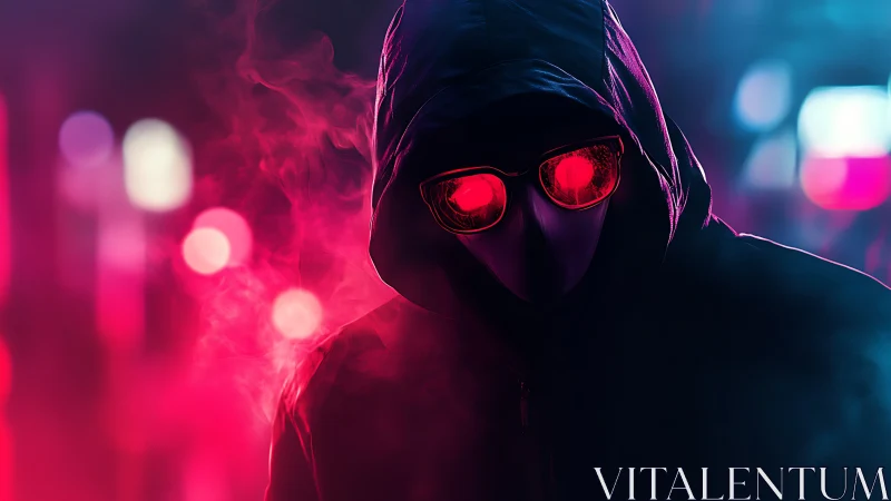 Hooded masked figure with red glasses in neon fog scene.