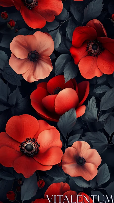 Red Poppies and Dark Foliage Digital Composition.