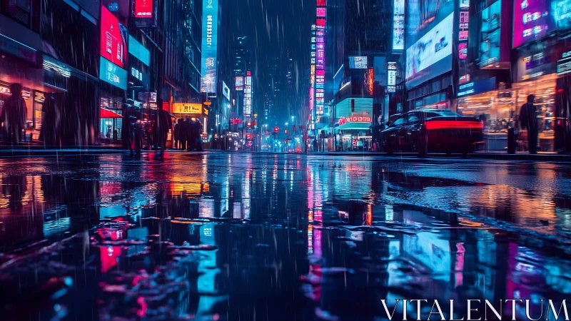 Neon reflections paint a rain-soaked futuristic city street