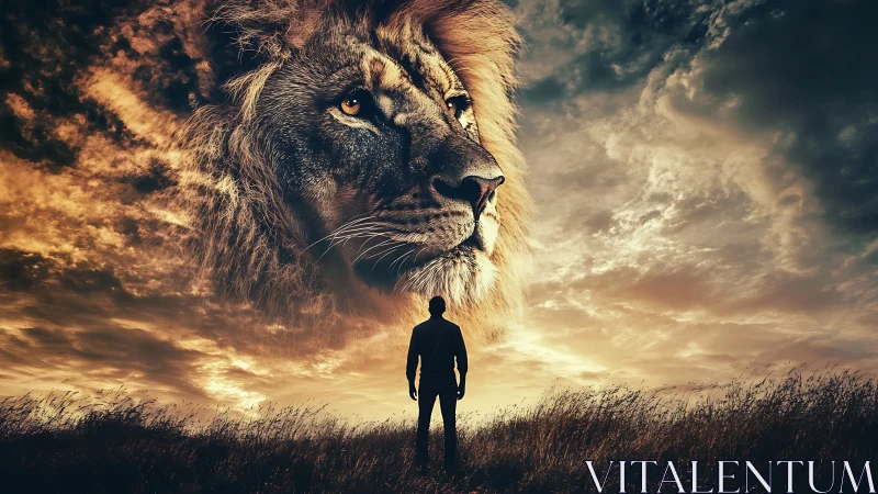 Silhouetted figure beneath large lion face in cloudy sky.