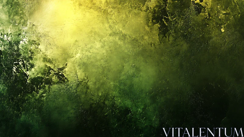 Emerald mist rises beneath molten sunlight on textured void.