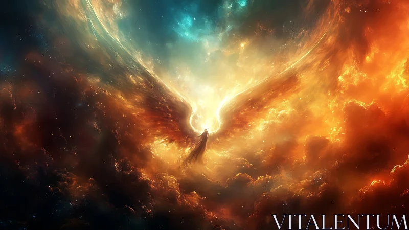 Celestial phoenix ascends through cosmic fire and light.
