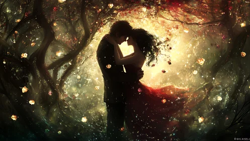 Silhouetted Couple Embracing Within Luminescent Arboreal Environment.