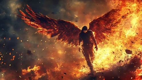 Winged humanoid figure walks through dense digital fire field