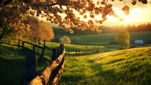 Golden hour blossoms over rustic countryside fence line.