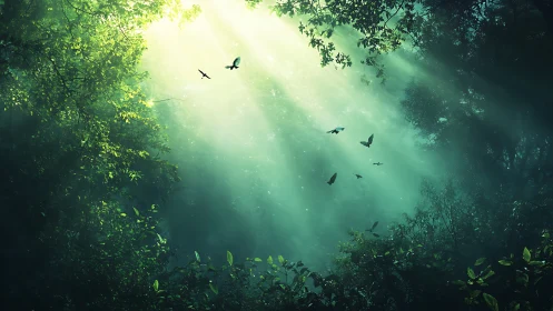 Emerald forest canopy pierced by radiant morning light.