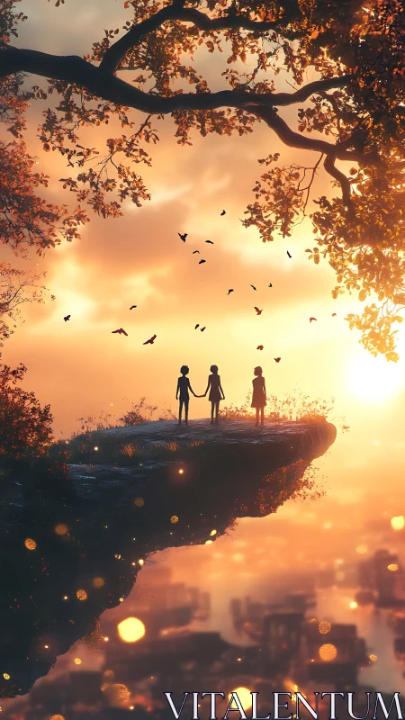 Three silhouetted figures on cliff at warm sunset horizon.