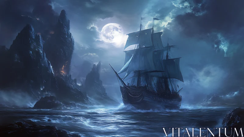 Haunted galleon sails through moonlit storm beside jagged cliffs