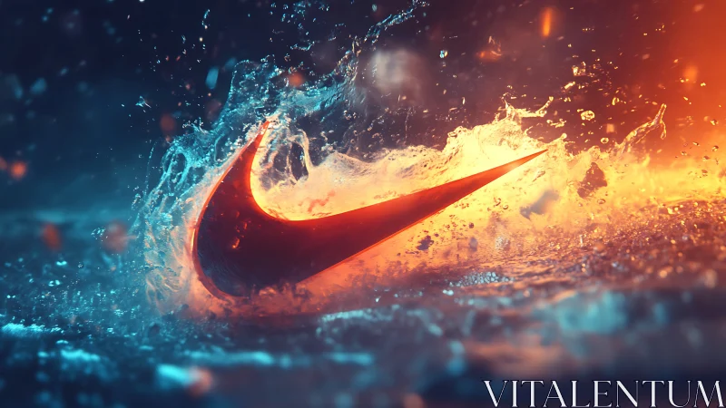 3D swoosh emblem in dynamic water and fire collision field.