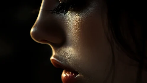 Side-lit female profile with hyper-detailed skin texture.