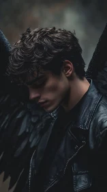 Shadowed angel boy pauses in quiet reflection beneath dark wings
